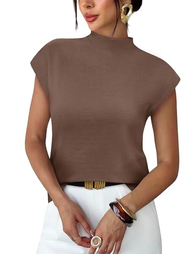 Sweaters for Women Lightweight Mock Neck Summer Tops Business Casual Spring Outfits Beach Vacation Old Money Clothes Office Sleeveless Work Shirts Knit Tops 2026 Coffee L