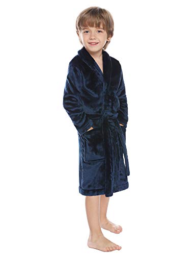 Hawiton Kids Flannel Robe Boy Girl Hooded Warm Terry Sleep Robe Cute Dressing Gown Bathrobe Housecoat with Pocket Navy
