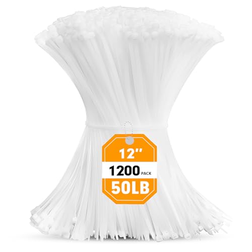 Zip Ties RAZCC 1200pcs Cable Zip Ties 12 Inch Heavy Duty White Plastic Wire Ties with 50lb Tensile Strength Self-Locking Nylon Cable Ties Wire Management for Indoor and Outdoor