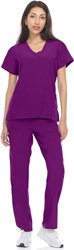 Hey Collection Scrubs Set 4-Way Stretch Mock Neck Princess Seam Medical Scrub Top and Tapered Leg Pants with Four Pockets, Eggplant, X-Large