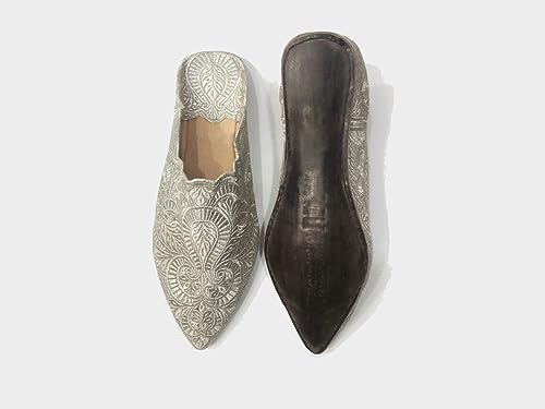 Traditional Moroccan babouche Slippers | Silver Slipper with sole | handcrafted Gold slippers for Women | Gray Slipper Gold shoes babouche (42 EU women's, Silver)2
