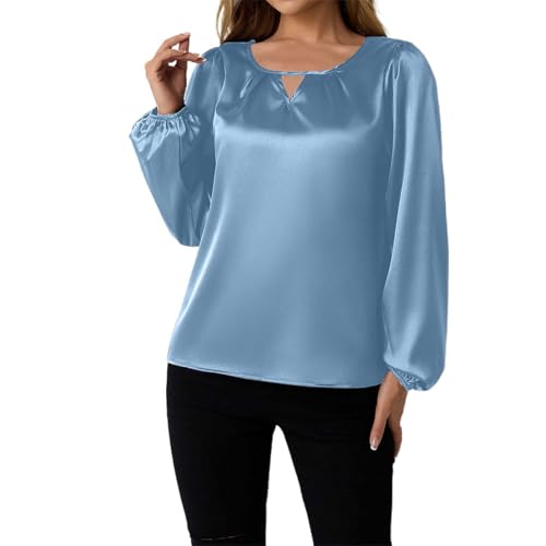 Silk Like Satin Women's Long Sleeve Casual Blouse Elegant and Stylish Top for Every Occasion Women T (Light Blue, XL)