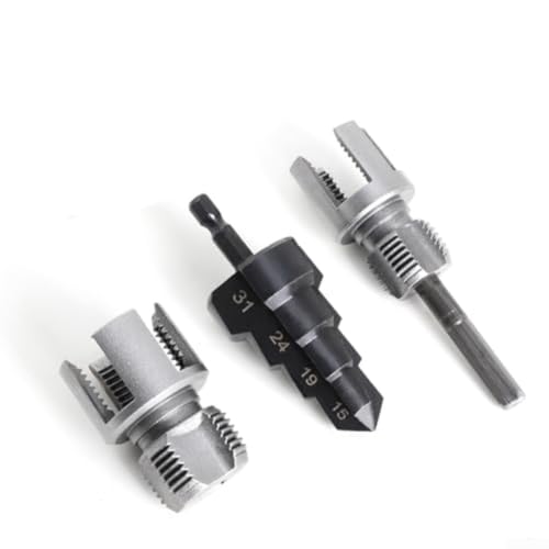 Juego completo de enhebradores de tuberías que incluye cortadores de doble función para roscas macho hembra más escariador y taladro escalonado para agujeros de 15 mm a 31 mm con vástago de conexión