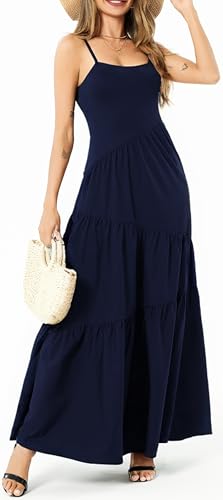 Image of Women's Summer Flowy Tiered Maxi Dress Elegant Spaghetti Strap with Ruffled Skirt Beach Vacations Parties