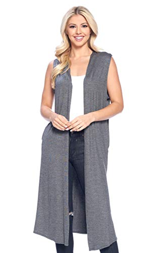 Isaac Liev Women's Sleeveless Cardigan  Casual Long Maxi Open Front Flowy Drape Lightweight Duster Vest Made in USA (X-Large, Charcoal with Pockets)