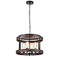 4-Light Large Rustic Farmhouse Wood Pendant Light Fixture with Adjustable Chain, 16.5 inch Oak Wood Drum Chandelier for Dining Room Kitchen Island Farmhouse Living Room Hallway, Black