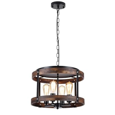 4-Light Large Rustic Farmhouse Wood Pendant Light Fixture with Adjustable Chain, 16.5 inch Oak Wood Drum Chandelier for Dining Room Kitchen Island Farmhouse Living Room Hallway, Black
