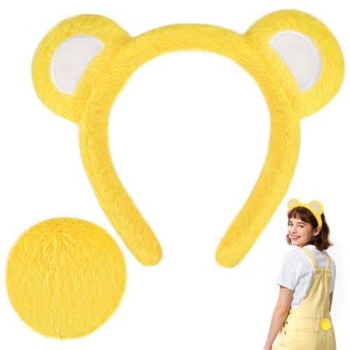 Serre-tête oreilles d'ours jaune moelleux avec queue pour carnaval