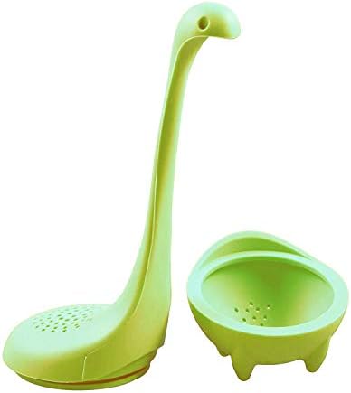 Dinosaur Loose Leaf Tea Infusers with Long Handle Neck Cute Ball Body, Silicone Lake Monster Mesh Tea Ball Strainer Steeper (Green 140x45mm)