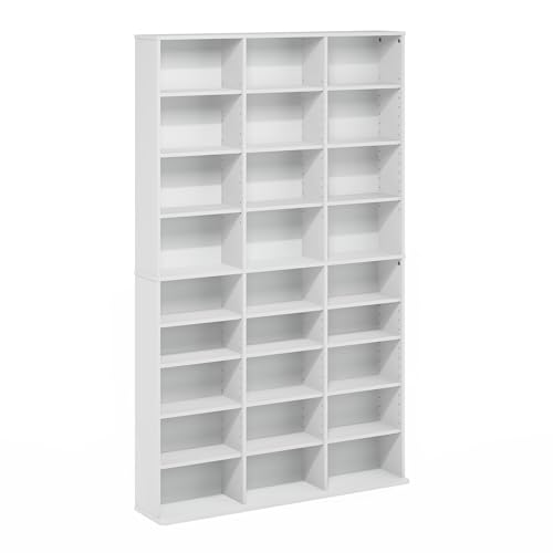 Image of Furinno Jaya DVD Shelf, Wide 24-Shelf CD Rack, Media Shelf with Adjustable Shelves, Easy Assembly DVD Storage Cabinets for CD Bluray Game Disc, for Living Room, Home Office, Plain White