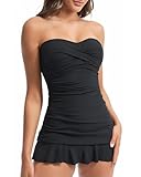 Holipick Women's Black Tummy Control One Piece Swim Dress Strapless Swimsuit Bandeau Skirted Bathing Suits S