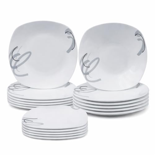 Virsus Servizio di Piatti QUADRATI per 6 Persone 7106, 18 Piatti in Porcellana color Bianco con Righe, Set composto da Piatto Fondo Diam.20,5cm, Piatto Piano Diam.24cm e Piattino Dessert Diam.19cm
