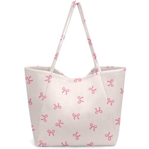 Yonsya Corduroy Tote Bag with Pink Bow