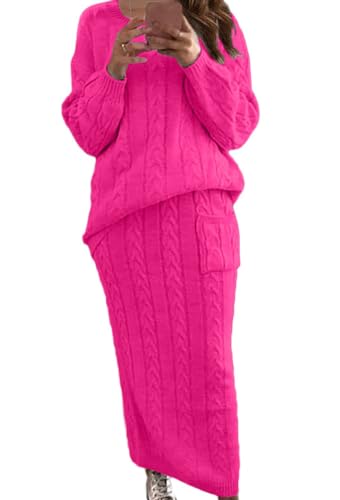Image of chouyatou Women Winter Casual Chunky Cable Knit Long Pencil Skirt 2 Piece Outfit Oversized Pullover Sweater Sets