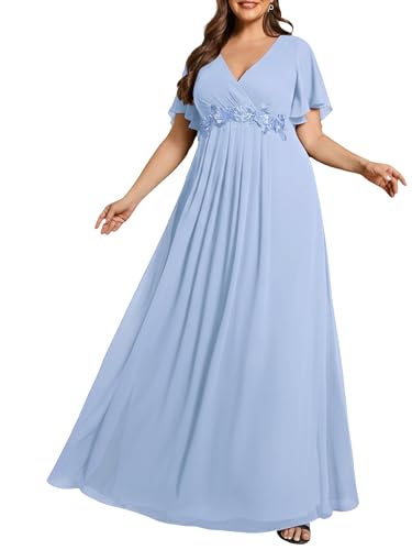 Image of Ever-Pretty Short Sleeves V Neck Plus Size Formal Dresses for Curvy Women Chiffon Mother of The Bride Dress Evening Gowns