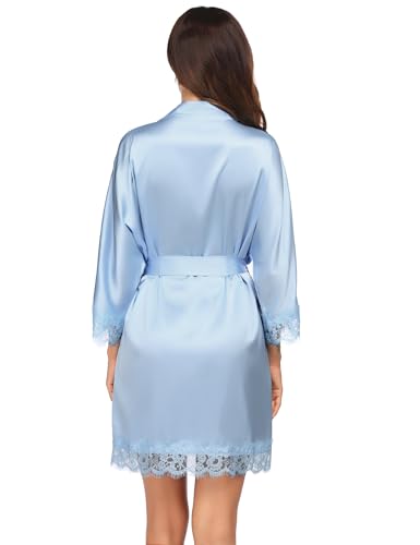Image of Ekouaer Womens Silk Robes Short Lace Trim Satin Bride Bathrobe with Pockets