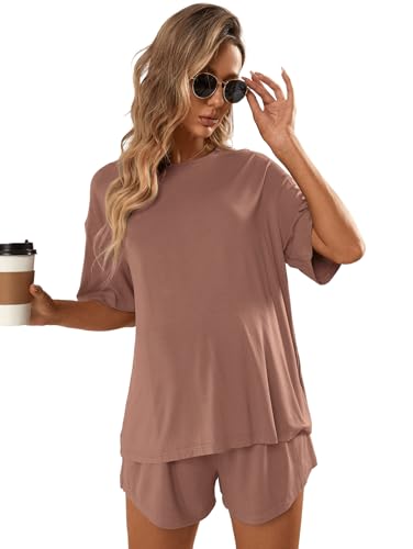 Image of OYOANGLE Women's Maternity 2 Pieces Pajamas Outfits Casual Short Sleeve T-shirt Top and Shorts Loungewear