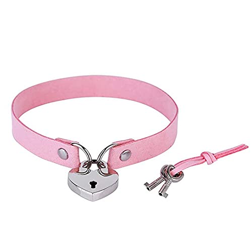 Dishowme Cadenas collier ras du cou collier en cuir coeur collier avec serrure clé Punk chat Kitty Lolita chaîne bijoux pour femmes filles (Rose)
