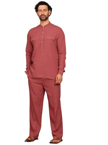 Image of See Designs Men's Full Sleeve Mandarin Collar Linen Solid Pathani Set