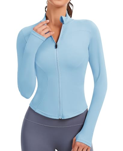 JoyGirl Sportjacke Damen Laufjacke Trainingsjacke Zip Up Slim Fit Sportlich Yoga Sportjacke Cropped Tops mit Daumenlöchern(hellblau, M)