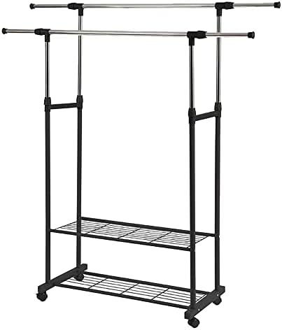 HOME BI Adjustable Heavy Duty Clothes Rail, Clothes Stand Rack with 2 Tier Metal Shelf, Garment Rack Rolling Clothes Organizer, Metal Storage Hanging Rack, Black Clothes Rails for Bedroom, Entryway
