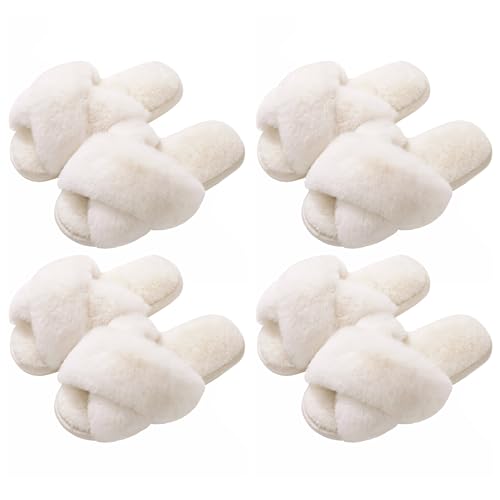 Evshine 2Pairs 4Pairs Women's Fuzzy Slippers Cross Band Memory Foam House Slippers Open Toe Indoor Outdoor Shoes