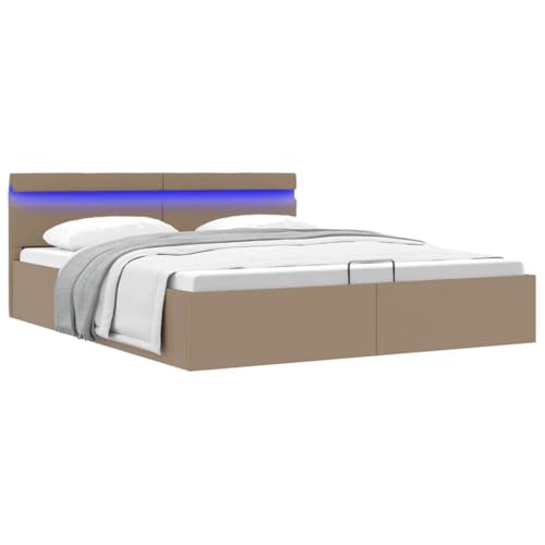 Sophrelle Cama canapé hidráulica LED Cuero sintético Capuchino 180x200 cm Marrón,285563