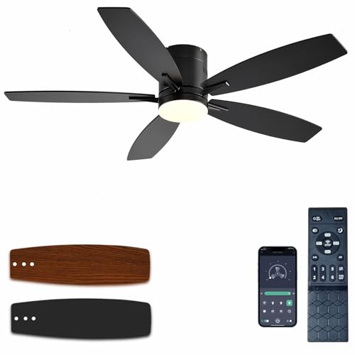Ceiling Fans with Lights, 52 Low Profile Indoor Ceiling Fan with Light and Remote Control, Dimmable, Noiseless, Reversible, Black Ceiling Fan for Bedroom, Indoor/Outdoor Use