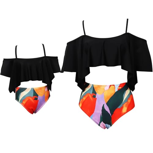Mommy and Me Swimsuit Off Shoulder Ruffle Two Piece High Waisted Bikini Set Family Matching Swimwear