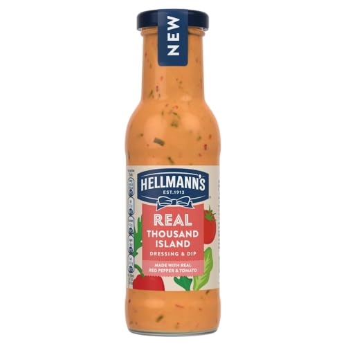 Hellmanns Real Thousand Island Salad Dressing & Dip vegetarian condiment free from artificial colours and flavours for salads sandwiches salmon and prawn cocktails 250 ml
