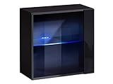 Hängevitrine Awit WW3, Wandvitrine mit LED Beleuchtung, Vitrinenschrank, Grifflose Öffnen, Stauraumvitrine, Hängeregal, Schrank für Wohnzimmer, Modernes Vitrine (Schwarz/Schwarz Hochglanz)