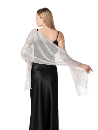 Image of Stoles for Evening Dress with Buckle, Fringes - Polyester Blend, Shimmer Stole Wraps for Weddings, Party | Women's Clothing