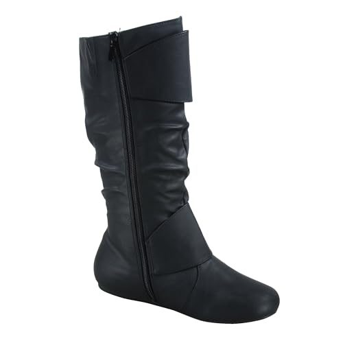 Image of Forever Link Women's Klein-70 Closed Round Toe Buckle Slouch Flat Heel Mid-Calf Boot