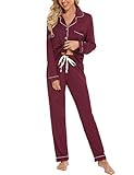 Senert Womens Soft Bamboo Pajama Sets Button Down Long Sleeve Pj Pants Set Sleepwear Wine Red,Large