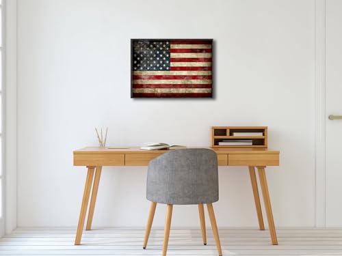 Image of Pyradecor Walnut Framed Canvas Wall Art Old Vintage American Flag Canvas Prints Abstract Pictures Paintings for Office Home Decorations