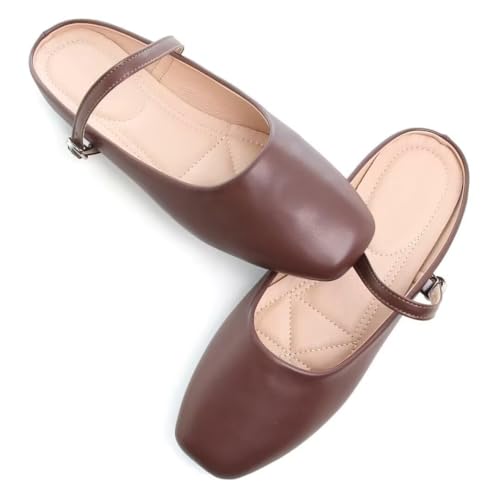 TN TANGNEST Women's Fashion Mary Jane Shoes Mules for Retro One Line Strap Flats Cute Square Toe Backless Flat Mule Brown 42(8.5)2