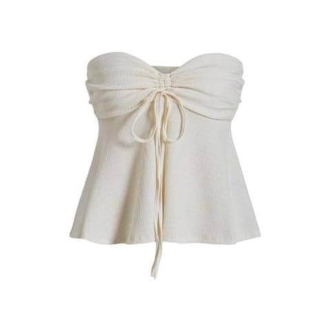 Milumia Women Tie Front Ruched Tube Top Strapless Flared Hem Peplum Bandeau Tops Beige Medium Cover