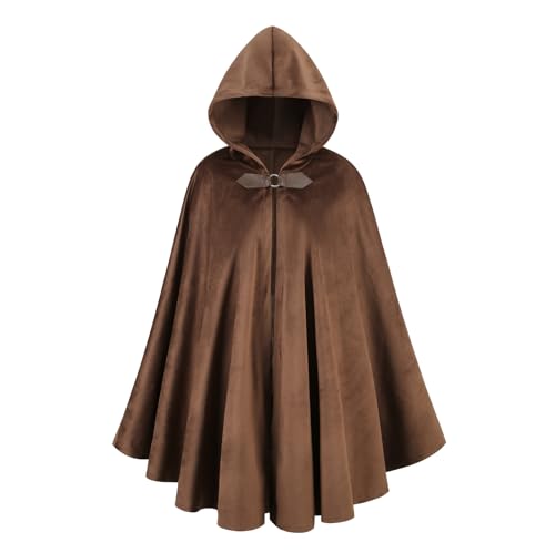 HAPNBCELE Medieval Cloak with Hood for Womens Mens, Vintage Velvet Renaissance Cape Adults Halloween Christmas Party Outfits (Brown, 39''/100cm)