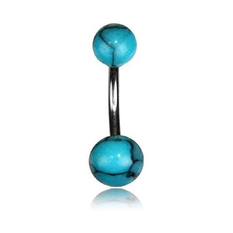 Earth Accessories Turquoise or Green Malachite Belly Button Ring Piercing for Women - Navel Belly Button Rings with Surgical Steel Cover