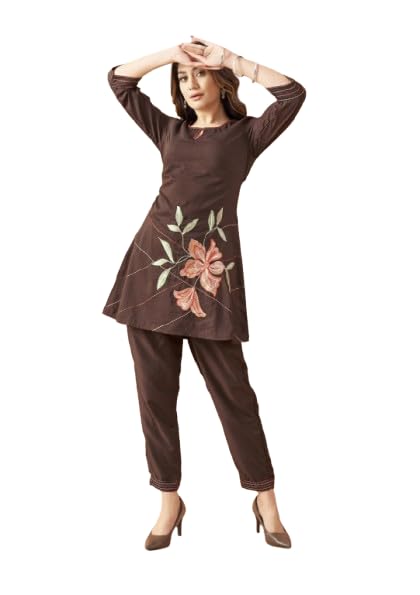 Chitra Creation Women Plum Base Bold Leaf & Flower Embroidered Chinnon Co-ord Set (IN, Alpha, M, Regular, Brown)-picture-56