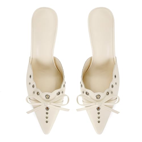 Image of DOEYG Women Pointed Toe Bow Heels Mules Slip on Stiletto Heels Sandals Dress Party Wedding Studded Heels Pumps
