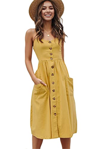 Image of YMING Womens Summer Spaghetti Strap Dresses Button Down Floral Sundress High Waist Swing Midi Dress with Pockets