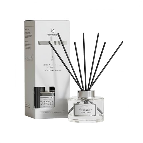 Difusor de Aroma Mikado 120 ml – Fragancia Rosa Blanca y bambú – Ambientador para Hogar, Oficina y Espacios Profesionales, Larga Duración hasta 90 Días (Rosa Blanca y bambú)