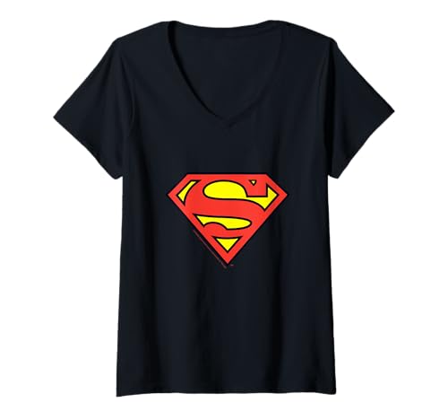 Damen Das legendäre Klassische Superman-Logo T-Shirt mit V-Ausschnitt