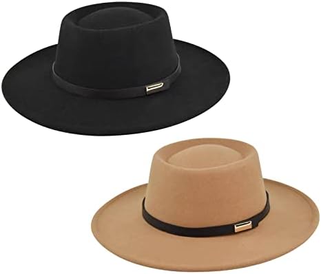 Women Retro Felt Panama Hat Wide Brim Wool Fedora Hat with Belt Buckle, 2 Pack