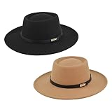 Women Retro Felt Panama Hat Wide Brim Wool Fedora Hat with Belt Buckle, 2 Pack