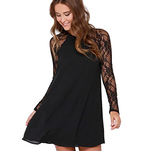 MEIION Damen Spitzenkleid Lange Ärmel Kurz Kleider Minikleid Abend Partei Ballkleid Chiffon Kleider Schwarz L