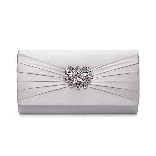 Image of Evening Bags For Women Pleated Satin Rhinestone Brooch Prom Clutch Purse With Detachable Chain Strap