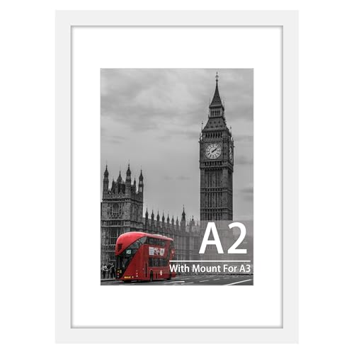 Tinkeps A2 White Picture Frame - Engineered Wood and Plexiglass A2 Frame with A3 Mount for A2/A3 Prints Photos and Posters Wall Mountable - A2(42x59.4cm) Poster Frame