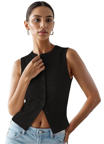 Women’s Button Down Tank Tops Ribbed Summer Vest Button Up Open F...